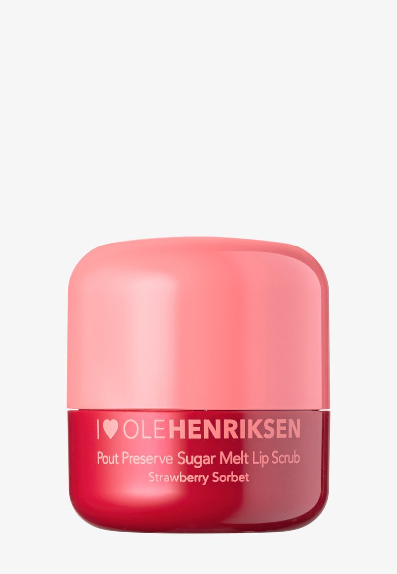 Un pot rose et rouge de Pout Preserve Sugar Melt Lip Scrub, avec des textures lisses et une étiquette claire portant l'inscription "Sorbet à la fraise".