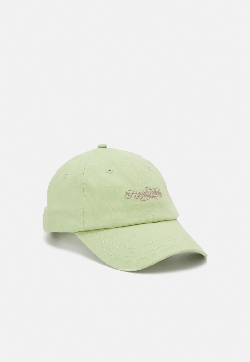 Light green cotton baseball cap with embroidered text. Features a curved brim, six-panel design, and adjustable back strap.