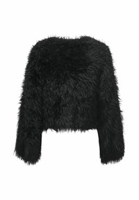 Pull noir à manches longues, court, en tissu pelucheux avec un col rond et une texture duveteuse.