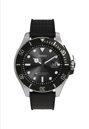 Black rubber strap watch with a stainless steel case, black rotating bezel, and a dark dial featuring luminescent hour markers and date window.