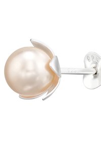 Orecchini in argento 925 con una grande perla rosa pallido lucente, incastonata in un design a forma di foglia con accenti curvi attorno alla perla.