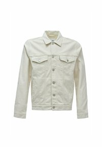 Chaqueta de denim blanca con un diseño clásico, que cuenta con dos bolsillos frontales, cierre con botones y mangas largas. Textura suave, con un detalle mínimo.