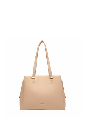 Beige Handtasche aus strukturiertem Leder mit zwei Henkeln, rechteckiger Form und goldenem "LASOCKI"-Logo in der Mitte vorne.