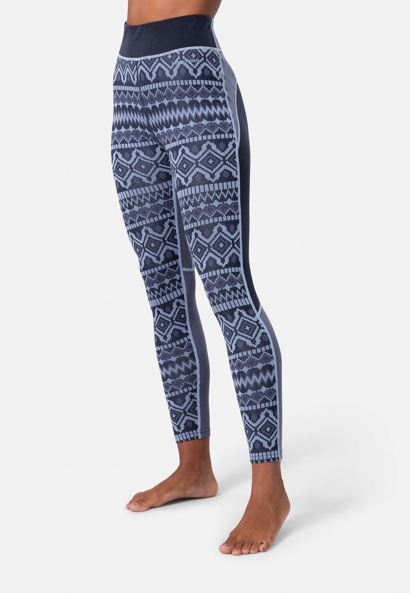 Leggings a motivo navy con design geometrici in tonalità di blu, dotati di una vita alta e una silhouette aderente, realizzati in materiale elastico.
