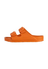Orange slide sandal made of rubber with two adjustable straps. Features a contoured footbed and textured outsole for grip.