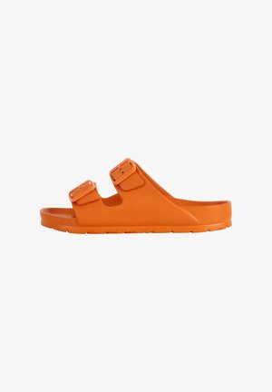 Orange slide sandal made of rubber with two adjustable straps. Features a contoured footbed and textured outsole for grip.