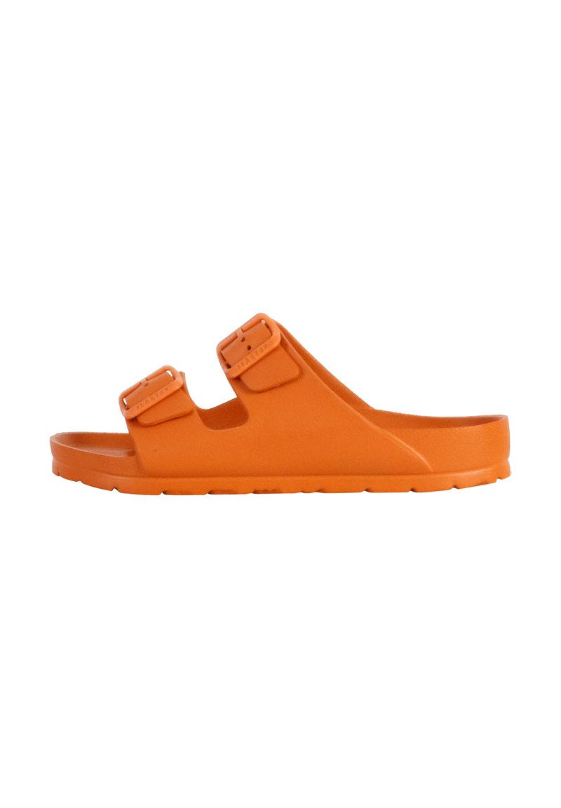 Orange slide sandal made of rubber with two adjustable straps. Features a contoured footbed and textured outsole for grip.