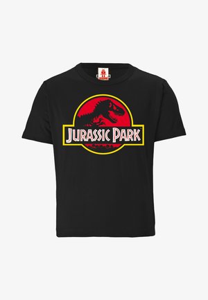 Black cotton t-shirt featuring a vibrant red circle logo with a T-rex silhouette and the text "Jurassic Park" in bold, white lettering.