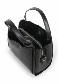 Sort læder håndtaske med åben top, en lynlåslomme og en rund metalhardware detalje. Har to holdbare håndtag. Glat tekstur.