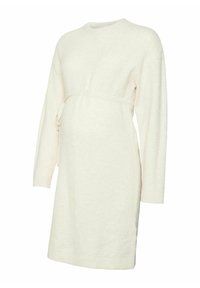 Robe de maternité tricotée couleur crème avec des manches longues, un col rond et un détail à nouer à la taille ; présente une coupe décontractée et une texture douce.