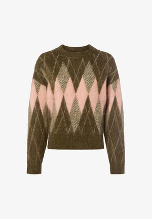 Green wool sweater featuring an argyle pattern in pink, beige, and olive. Round neckline, long sleeves, and a cropped design. Soft texture.