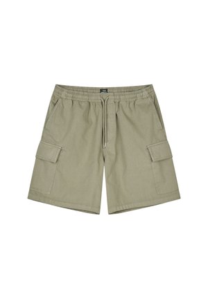 Light olive green cargo shorts with elastic waistband, drawstring, side pockets, and flap pockets on each thigh, laid flat on white background.