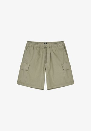 Light olive green cargo shorts with elastic waistband, drawstring, side pockets, and flap pockets on each thigh, laid flat on white background.