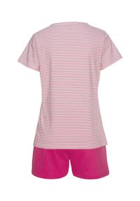 Cotton short-sleeve pajamas featuring a pink and white striped top and solid pink shorts. Simple design with a relaxed fit.