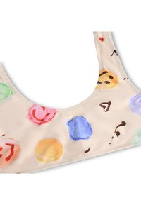 Bikini-top in een zacht beige materiaal met kleurrijke ijscone-patronen in roze, blauw, groen en oranje met chocolade accenten.