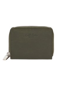 Dark green leather wallet with a zip closure, featuring embossed logo and silver hardware; compact rectangular design with smooth texture.