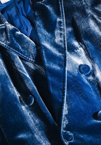 Blazer di velluto blu con design doppiopetto, bottoni rotondi e dettagli cuciti. Texture liscia con leggero lucido.