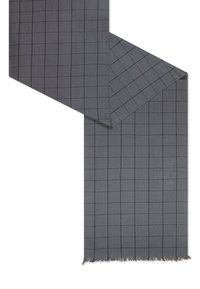 Grey patterned scarf featuring a grid design with fine black lines. Made of soft fabric, with fringed edges.