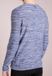 Long-sleeve blue sweater made of blended textured fabric, featuring a round neckline and subtle horizontal patterns throughout.