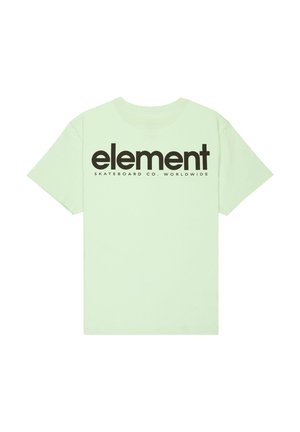 Lichtgroen katoenen T-shirt met een groot zwart "element"-logo en de tekst "SKATEBOARD CO. WORLDWIDE" op de achterkant. Korte mouwen.