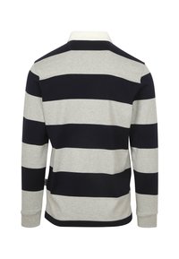 Poloshirt met lange mouwen met afwisselend marineblauwe en grijze horizontale strepen, met een witte kraag en een gestructureerde stof.