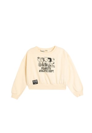 Kremowa, krótka bluza z długim rękawem z czarnym nadrukiem postaci z kreskówek oraz napisem "PEANUTS ATHLETIC DEPT."