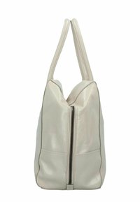 Borsa a mano in pelle beige con una forma unica, dotata di una cerniera centrale e due manici robusti. Texture liscia e design minimalista.