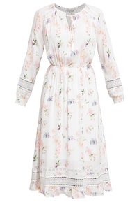 Vestido midi floral de tela ligera con base blanca. Presenta patrones de flores en tonos pastel, cinturilla elástica y detalles de encaje en las mangas y el dobladillo.