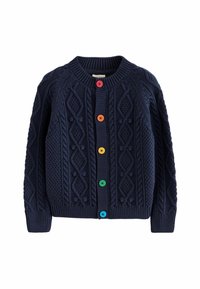 Námorní modrý pletený kardigan s kulatým výstřihem a barevnými knoflíky (červená, oranžová, žlutá, zelená, modrá) vpředu. Strukturovaný vzor.