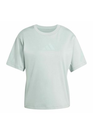 Hellgraues T-Shirt mit kurzen Ärmeln und Rundhalsausschnitt, dezentes Adidas-Logo mittig auf der Brust und zusätzliches Logo auf dem linken Ärmel.