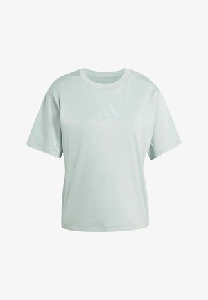 Hellgraues T-Shirt mit kurzen Ärmeln und Rundhalsausschnitt, dezentes Adidas-Logo mittig auf der Brust und zusätzliches Logo auf dem linken Ärmel.