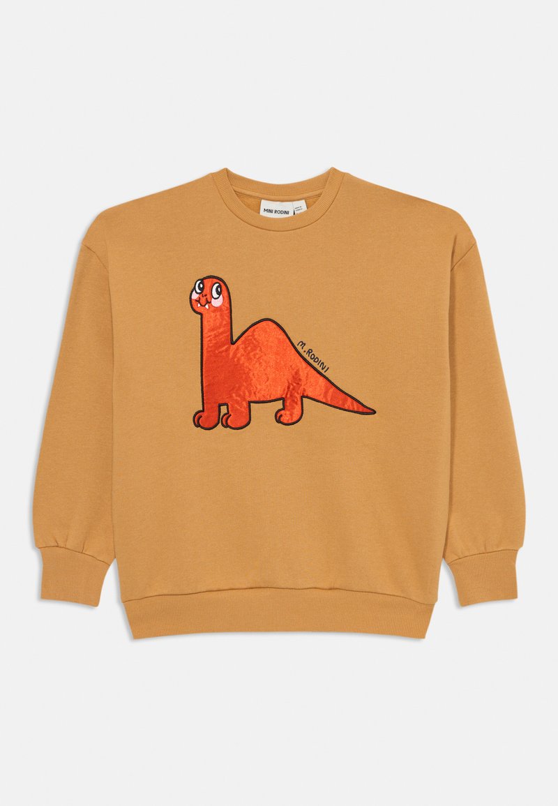 Senne-gul sweatshirt med et tegneserieaktig rødt dinosaurgrafikk på forsiden, med svarte konturer og et lekent ansiktsuttrykk.