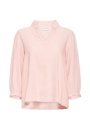 Jasnoróżowa bluzka z długim rękawem, wykończona falbaną przy kołnierzu i z dekoltem w kształcie litery V. Posiada marszczone rękawy oraz luźny krój z lekko zaokrąglonym dołem.
