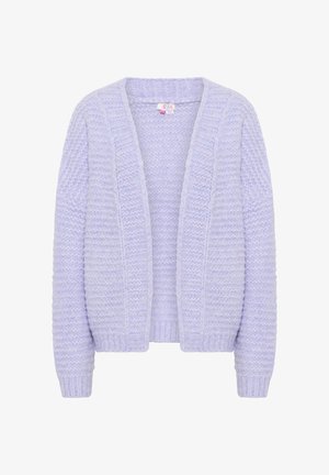 Lilla kudumisjakk, millel on tekstuuriga muster, avatud eesosa ja soonikkoes varrukad. Pehme kangas, millel on mugav ja viisakas välimus.