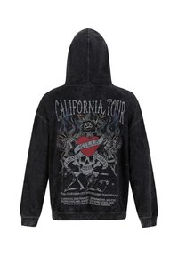 Black denim hoodie with a graphic design featuring a skull, rose, and text "CALIFORNIA TOUR." Soft texture and relaxed fit.