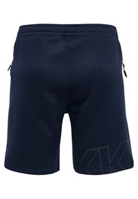 Marinblåa träningsshorts med elastisk midja, sidofickor med dragkedja och geometriskt mönster i ljusare färg på nedre vänstra benet.