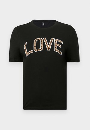 T-shirt nera a maniche corte con scollo tondo, con la scritta "LOVE" in lettere bianche e stampa leopardata.