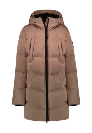Pufferjack in zacht beige met een capuchon, voorzien van een ritssluiting aan de voorkant, twee grote zijzakken en een horizontaal gestikt patroon.
