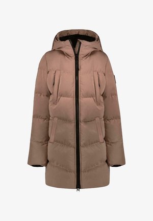 Pufferjack in zacht beige met een capuchon, voorzien van een ritssluiting aan de voorkant, twee grote zijzakken en een horizontaal gestikt patroon.