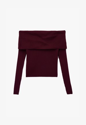 Burgunderfarbener gerippter, schulterfreier Pullover mit langen Ärmeln und weitem Halsausschnitt. Verfügt über ein strukturiertes Muster im gesamten Stoff.