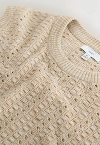Beige strikket sweater med tekstureret hulmønster og ribbet rund halsudskæring, størrelse medium med et Next-mærke.