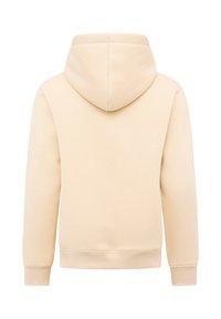 Sudadera con capucha de suave tejido beige. Presenta un dobladillo y puños acanalados, una textura lisa y un diseño clásico con vista trasera.