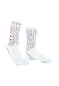 Calzini sportivi bianchi con motivi verticali rossi e blu navy, design a coste e punta rinforzata. Presenta il nome del marchio stampato sul lato.