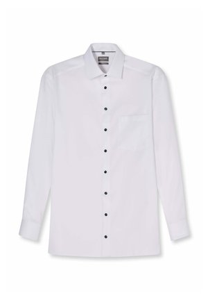 White long-sleeve dress shirt with black buttons, classic collar, and chest pocket, laid flat on a white background.