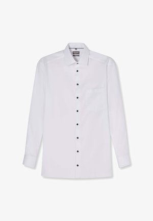 White long-sleeve dress shirt with black buttons, classic collar, and chest pocket, laid flat on a white background.