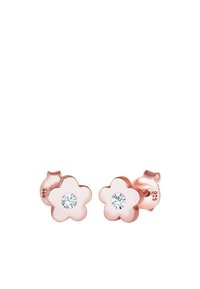 Orecchini a forma di fiore in oro rosa con petali in smalto bianco e una pietra centrale in zirconia cubica trasparente; marchiati 925 per argento sterling.