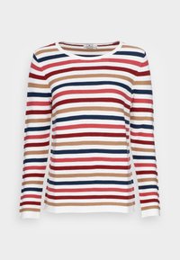 Chemise à manches longues rayée en blanc, rouge, marine, rose et beige. Elle présente un col arrondi et une texture côtelée sur toute la surface.