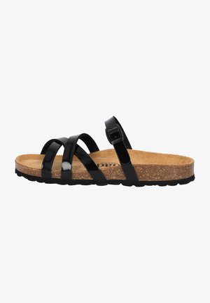 Black patent leather sandals with three wide straps and a back strap featuring a buckle, set on a cork sole with a textured black outsole.