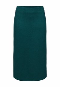 Jupe crayon en tricot bleu sarcelle foncé, longueur genou, avec une taille ajustée et sans motifs ni ornements visibles.