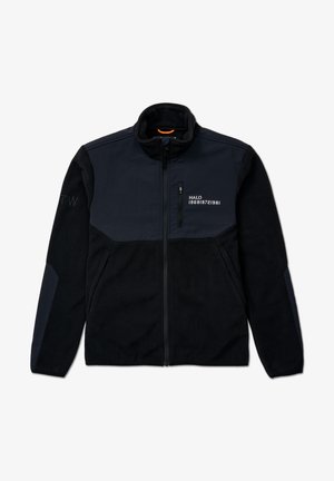 Schwarze Fleecejacke mit Reißverschluss, marineblauen Akzenten, hohem Kragen und Brusttasche. Mit dem Aufdruck "HALO 196819721981" auf der Vorderseite.